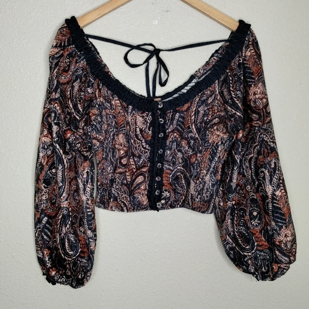 Free People Dare Me Velvet Blouse in Black Combo Size Small